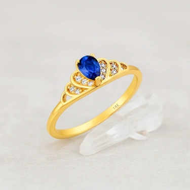 14 Ayar Altın Prenses Tacı Safir Yüzük