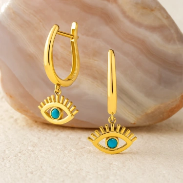 14 Ayar Altın Turkuaz Taşlı Sallantı Küpe