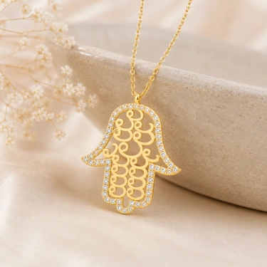 14K Solid Gold Fatima Hand Necklace – Vav Pattern Hamsa, Islamic Jewelry