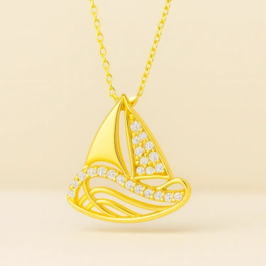 14 Ayar Altın Yelkenli Gemi Kolye, Yelkenli Tekne Kolye, Zarif Denizcilik Takıları