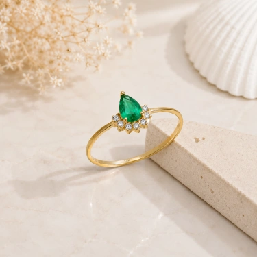 14K Solid Gold Green Emerald Ring