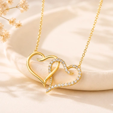 14K Solid Gold Double Heart Necklace, Elegant and Meaningful Two-Heart Necklace for Couples