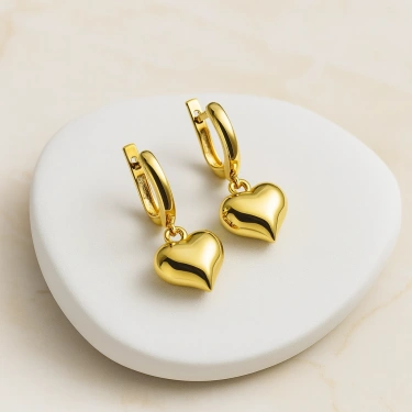 14K Altın Pofuduk Kalp Küpe, Romantik Günlük Altın Takı