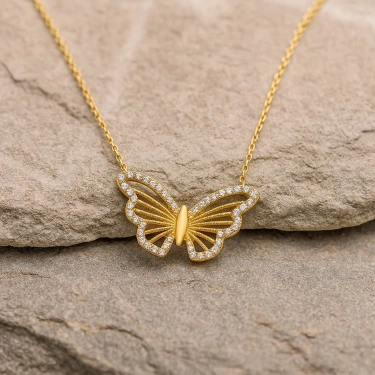 14K Gold Butterfly Necklace, Gold Minimalist Luck Necklace, Elegant Wings Necklace