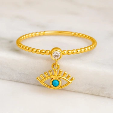 14K Gold Dangling Turquoise Eye Ring