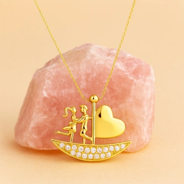 14K Gold Sailing Heart Necklace, Elegant Heart Necklace, Love Ship Necklace for Couples