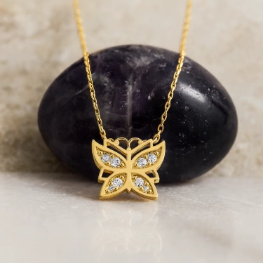 14K Gold Tiny Butterfly Necklace, Small Butterfly Luck Necklace