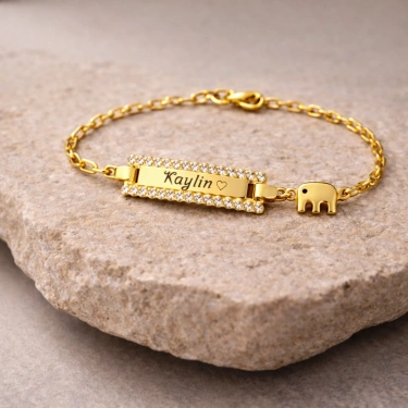 14 Ayar Altın Bebek Fil Detaylı İsimli Künye, Bebekler için Altın Bileklik