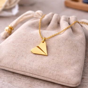 14 Ayar Altın Kağıt Uçak Tasarımlı Kolye, Origami Kolye