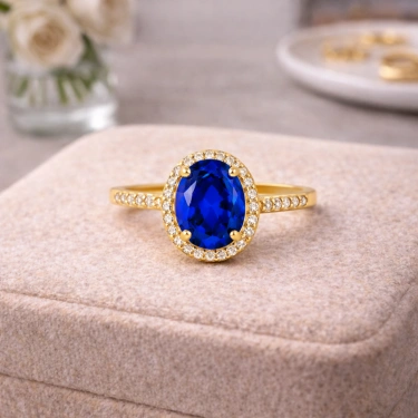 14 Ayar Altın Mavi Safir Oval Yüzük