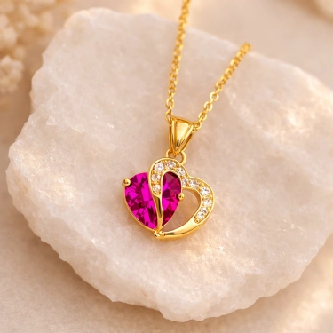 14 Ayar Altın Kalp Kesim Pembe Safir Kolye