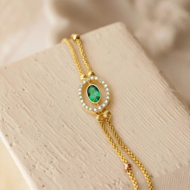 14 Ayar Altın Dorika Detaylı Yeşil Zümrüt Bileklik