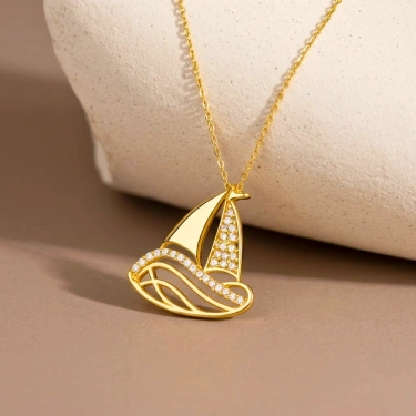 14 Ayar Altın Yelkenli Gemi Kolye, Yelkenli Tekne Kolye, Zarif Denizcilik Takıları