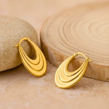 14K Altın Sallantı Oval Küpe, Halka Küpe