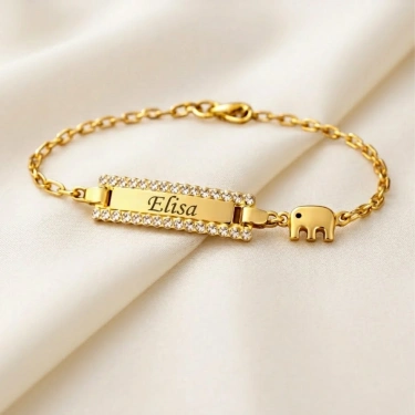 14 Ayar Altın Bebek Fil Detaylı İsimli Künye, Bebekler için Altın Bileklik