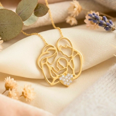 14 Ayar Altın Kalp Detaylı Aİle Kolye, Anne ve Bebek Kolye