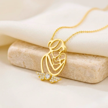 14K Solid Gold Mother Holding Baby Necklace – Elegant and Meaningful Design