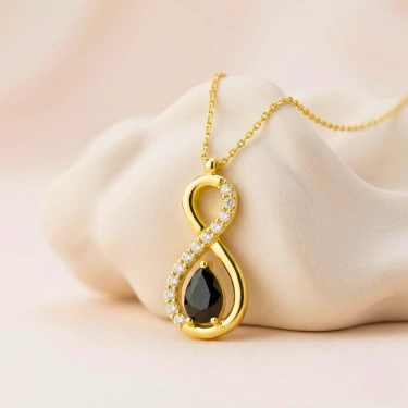 14K Solid Gold Black Onyx Infinity Necklace