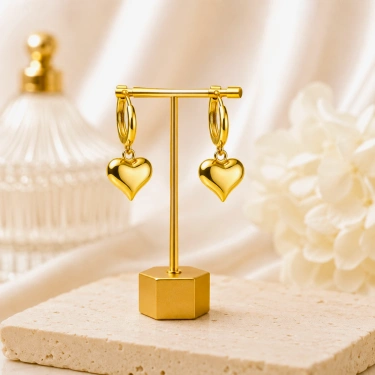 14K Altın Pofuduk Kalp Küpe, Romantik Günlük Altın Takı