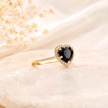 14K Solid Gold Heart Cut Black Onyx Ring