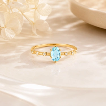 0.35 Karat Mavi Topaz Pırlanta Yüzük, Minimal Altın Yüzük