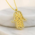 14K Gold Fatima Hand Necklace, Vav Pattern Hamsa Necklace, Islamic Gold Jewelry