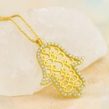 14K Gold Fatima Hand Necklace, Vav Pattern Hamsa Necklace, Islamic Gold Jewelry