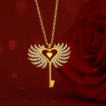 14K Gold Winged Heart Key Necklace, Angel Wing Jewelry