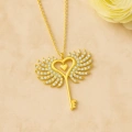 14K Gold Winged Heart Key Necklace, Angel Wing Jewelry