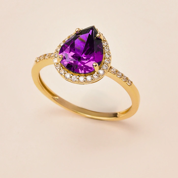14K Solid Gold Pear Cut Amethyst Ring