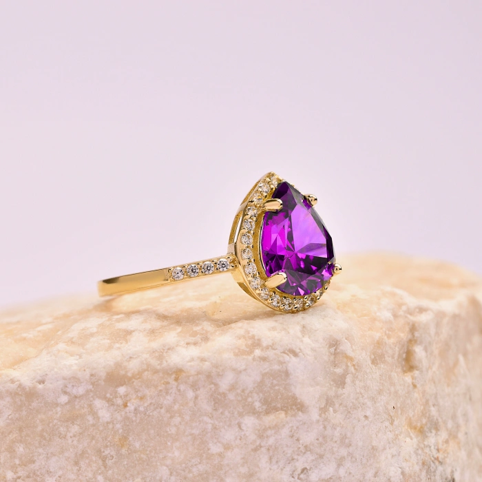 14K Solid Gold Pear Cut Amethyst Ring