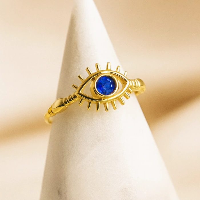 14K Solid Gold Blue Sapphire Eye Ring, Elegant Protective and Lucky Gold Ring