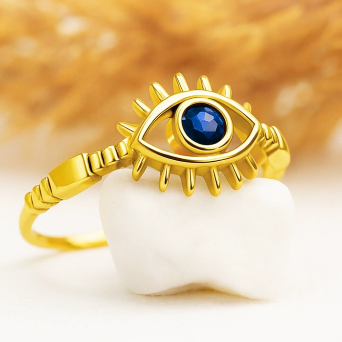 14K Solid Gold Blue Sapphire Eye Ring, Elegant Protective and Lucky Gold Ring