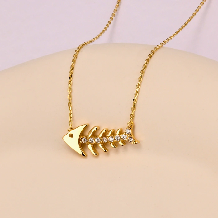 14K Gold Fish Necklace, Elegant Gold Necklace, Minimalist Fishbone Necklace