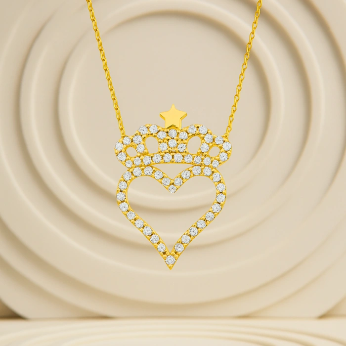14 Ayar Altın Taç ve Yıldız Detaylı Kalp Kolye