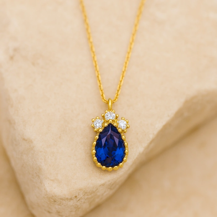 14 Ayar Altın Mavi Safir Damla Kolye