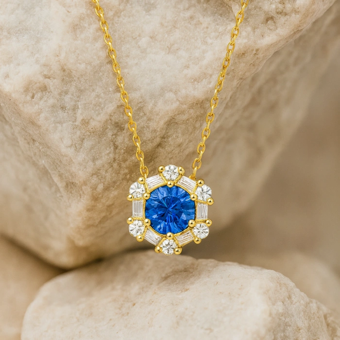 14 Ayar Altın Mavi Safir Kolye, Baget Kesim Altın Kolye