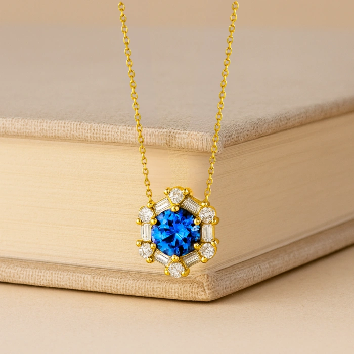 14 Ayar Altın Mavi Safir Kolye, Baget Kesim Altın Kolye