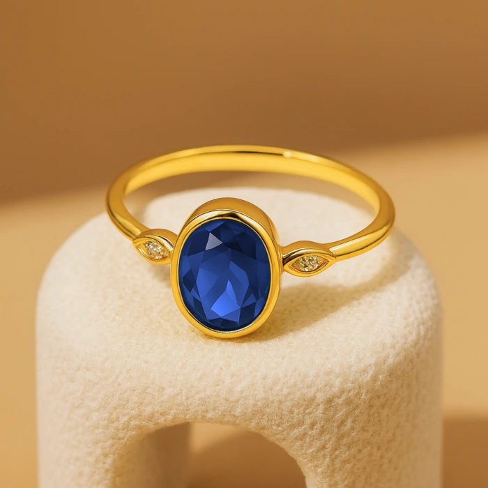 14K Solid Gold Oval Cut Sapphire Ring