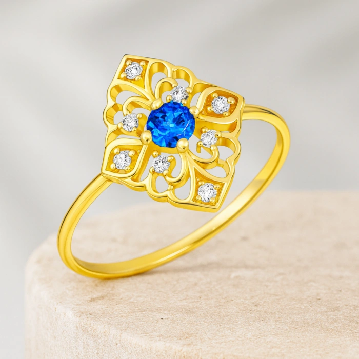 14 Ayar Altın Otantik Dizayn Safir Yüzük