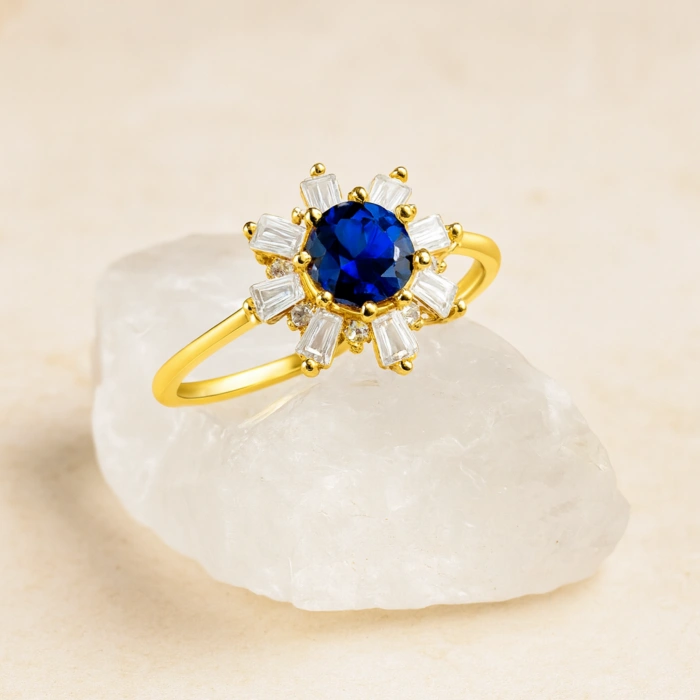 14 Ayar Altın Mavi Safir Baget Yüzük