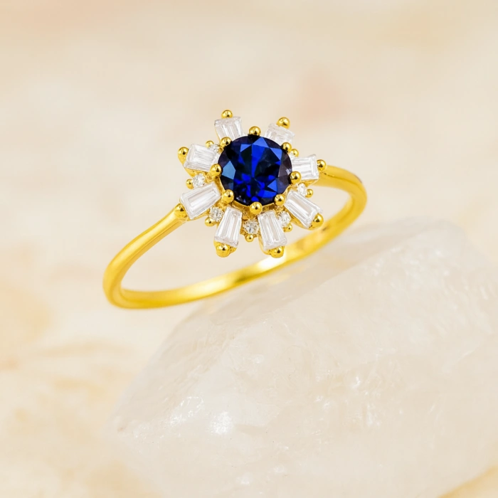 14 Ayar Altın Mavi Safir Baget Yüzük