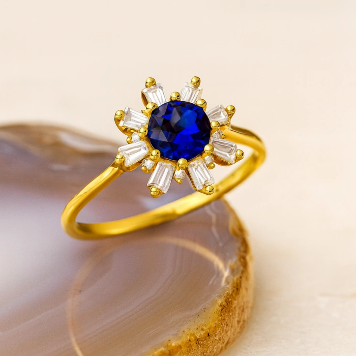 14 Ayar Altın Mavi Safir Baget Yüzük