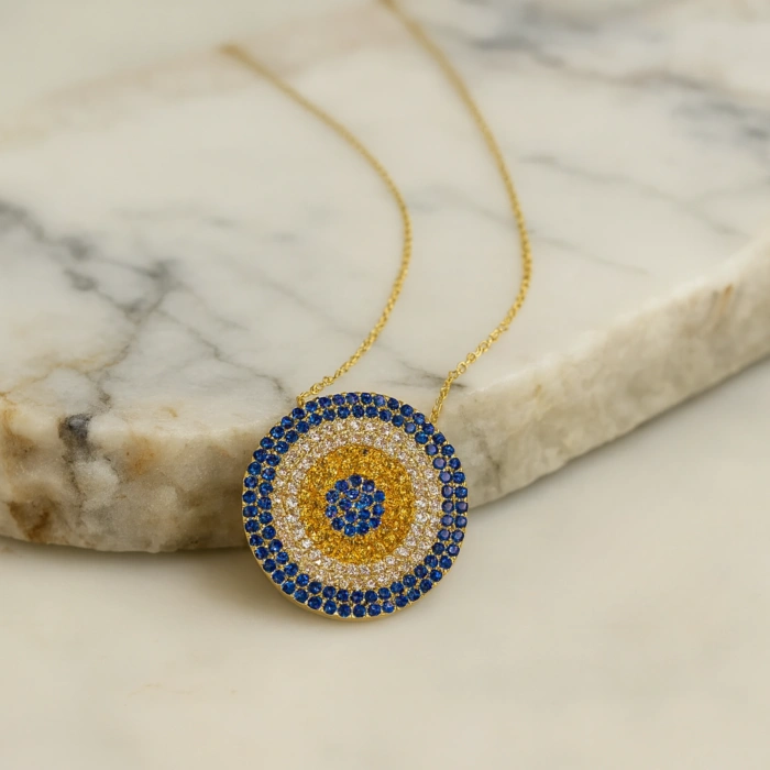 14 Ayar Altın Safir ve Sitrin Taşlı Nazar Kolye