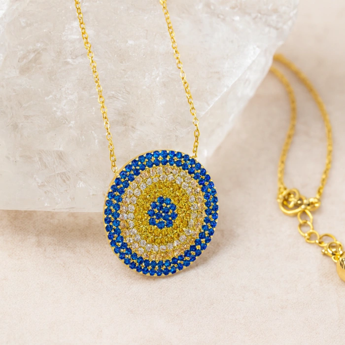 14 Ayar Altın Safir ve Sitrin Taşlı Nazar Kolye