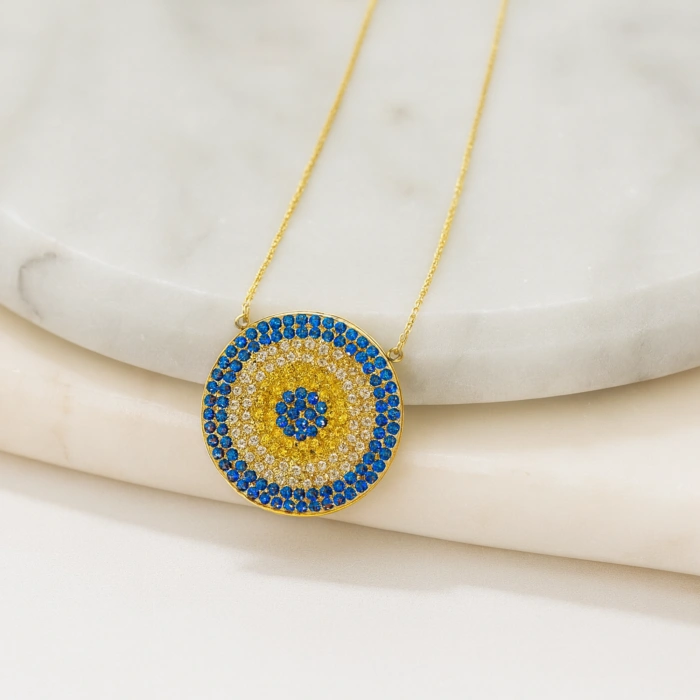 14 Ayar Altın Safir ve Sitrin Taşlı Nazar Kolye