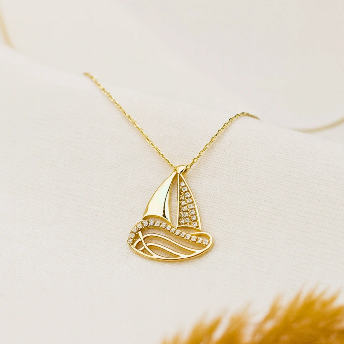14 Ayar Altın Yelkenli Gemi Kolye, Yelkenli Tekne Kolye, Zarif Denizcilik Takıları