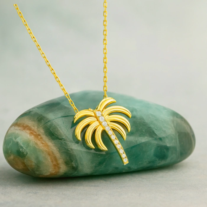 14 Ayar Altın Palmiye Kolye, Tropikal Palmiye Ağacı Altın Kolye