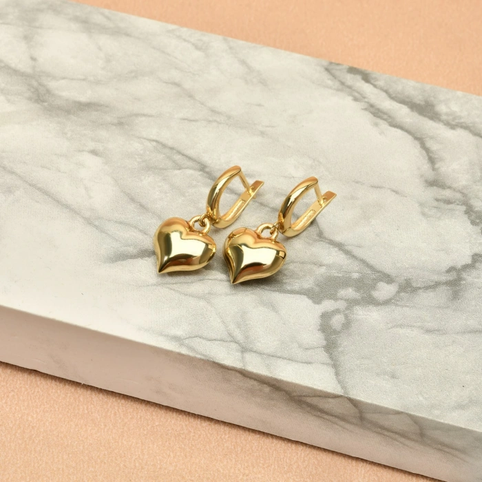 14K Altın Pofuduk Kalp Küpe, Romantik Günlük Altın Takı