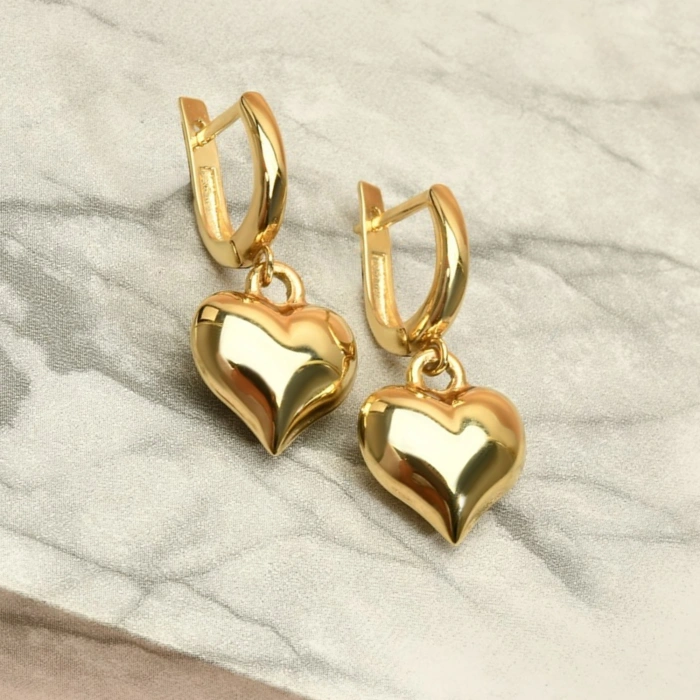 14K Altın Pofuduk Kalp Küpe, Romantik Günlük Altın Takı
